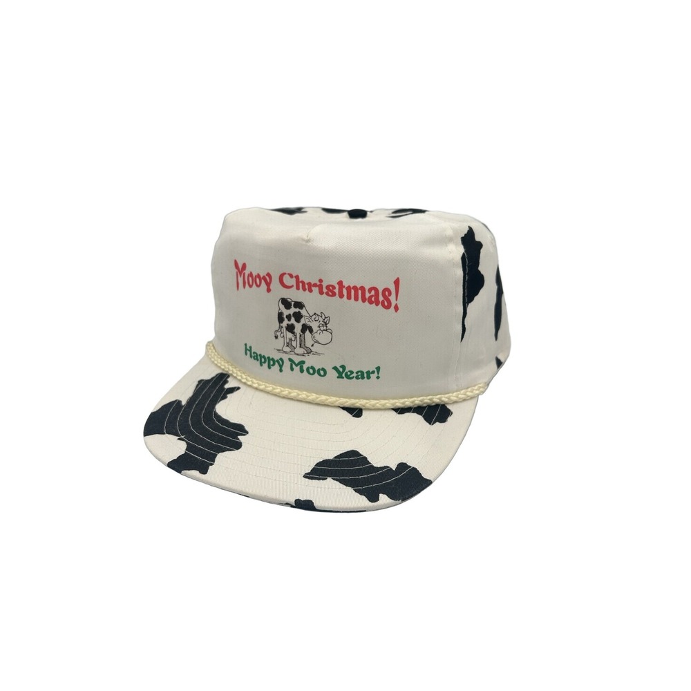 Moo-y Christmas! Happy Moo Year! Trucker Hat Cow Print Snapback White Black